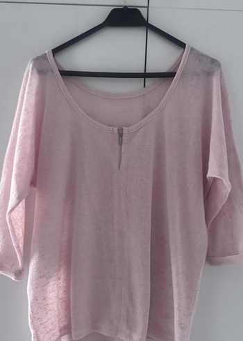 Pembe Keten Kadın Salaş Bluz - Görsel 3