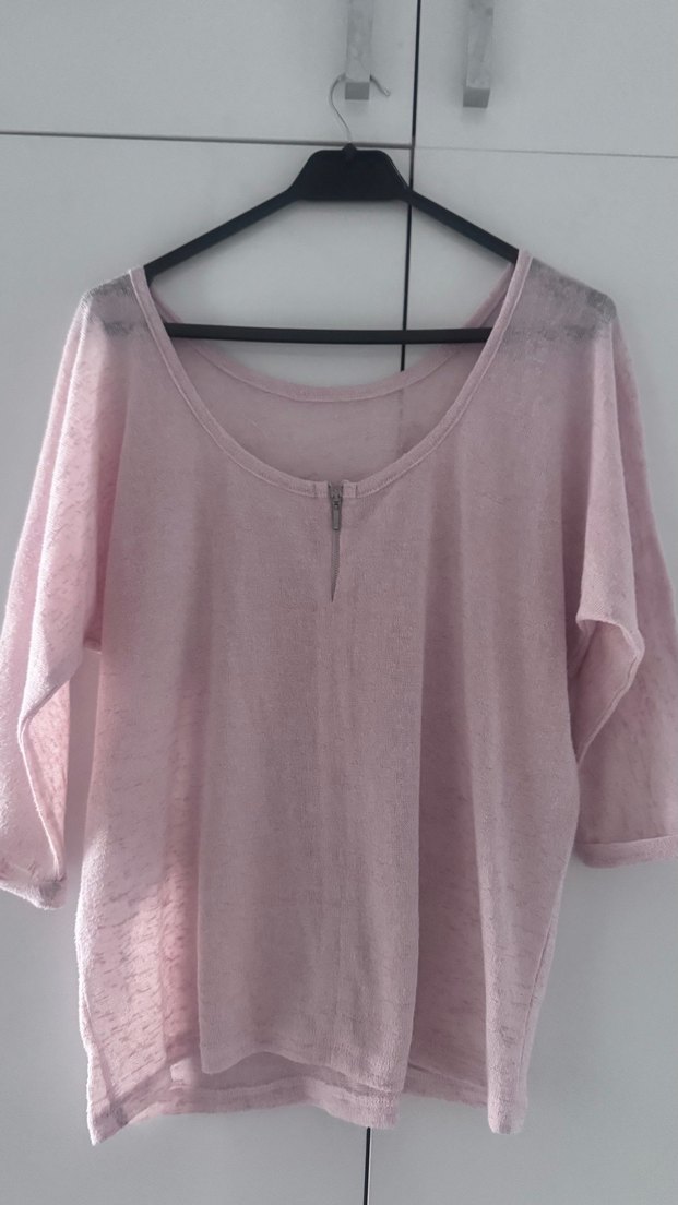 Pembe Keten Kadın Salaş Bluz - Görsel 3