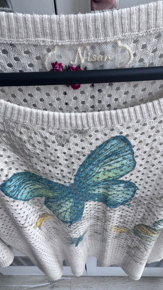 Beyaz Kelebek Baskılı Bohem Kadın Triko - Görsel 2