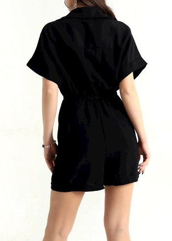 Siyah V Yaka Kısa Kollu Kadın Tulum - Görsel 2