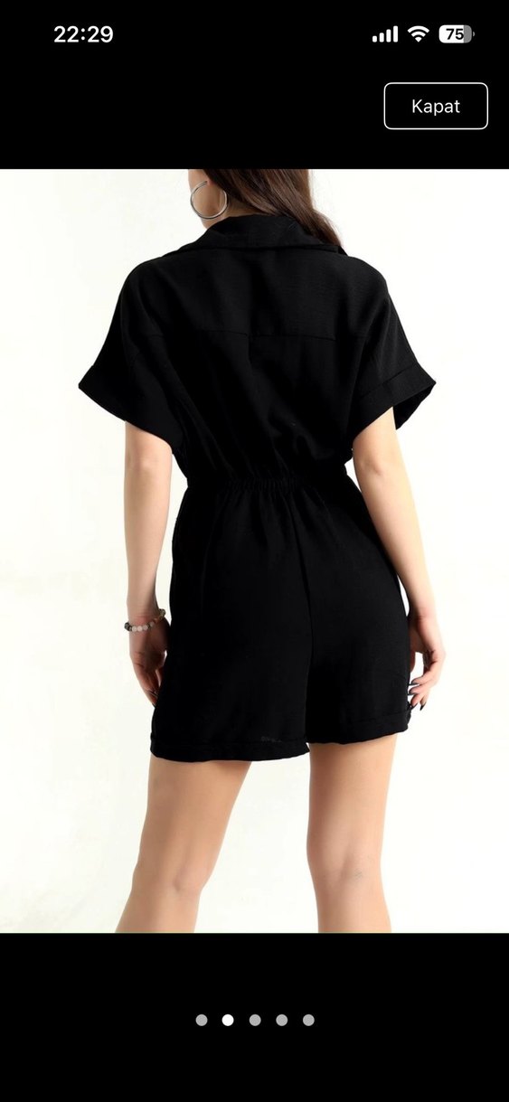 Siyah V Yaka Kısa Kollu Kadın Tulum - Görsel 2