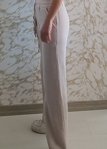 xl Beden Bej Muslin Keten Salaş Kadın Pantolon