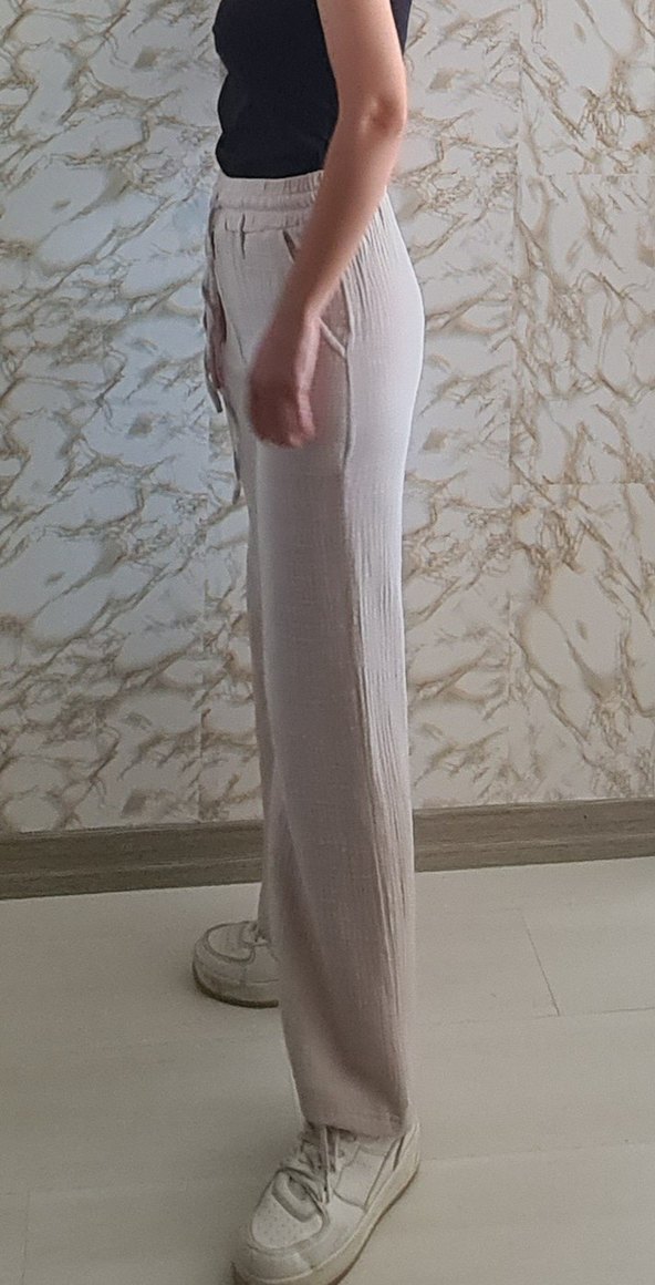 Bej Muslin Keten Salaş Kadın Pantolon - Görsel 2