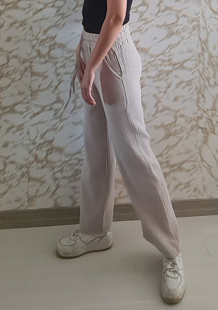 Bej Muslin Keten Salaş Kadın Pantolon - Görsel 3
