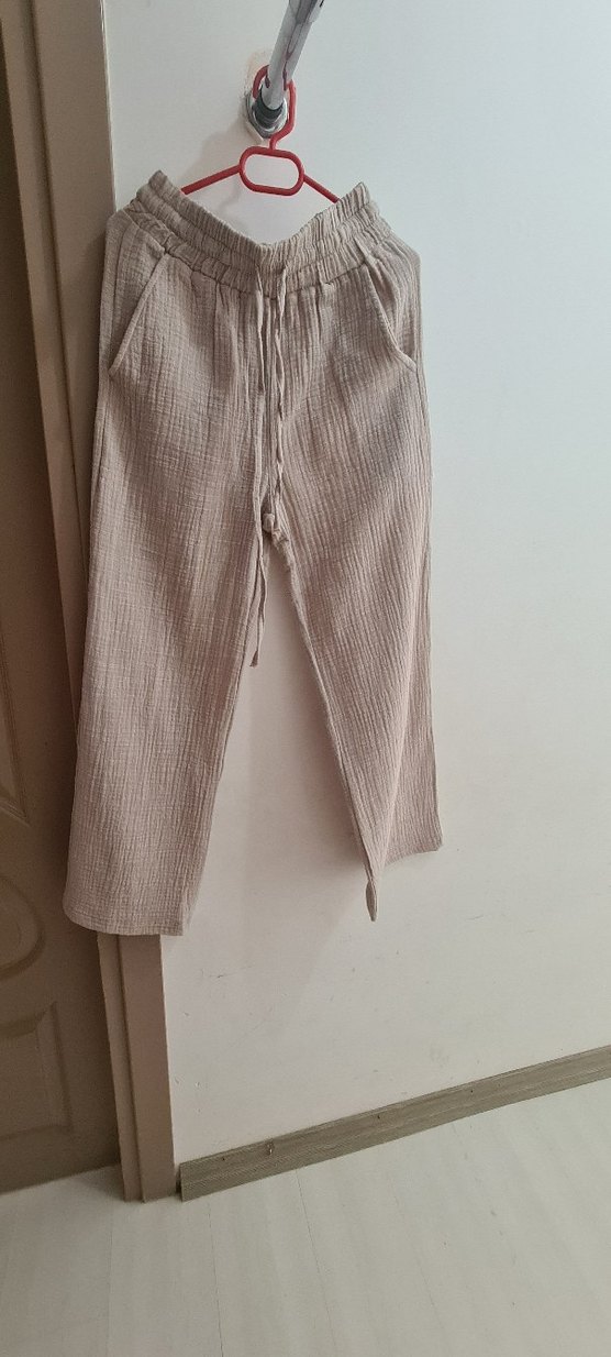 Bej Muslin Keten Salaş Kadın Pantolon - Görsel 4