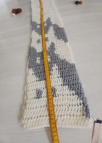 Kedi desen Kırık beyaz ve  Gri Örgü unisex atkı - Görsel 3