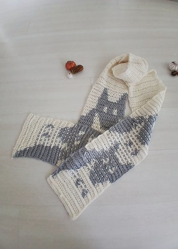 Kedi desen Kırık beyaz ve  Gri Örgü unisex atkı - Görsel 2