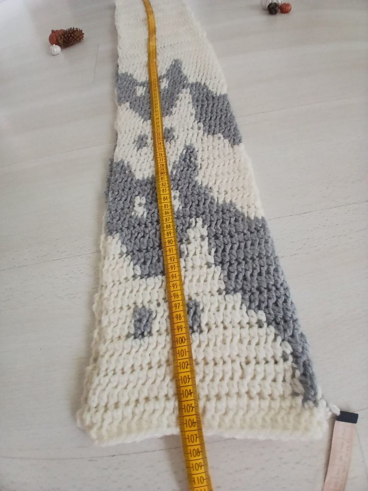 Kedi desen Kırık beyaz ve  Gri Örgü unisex atkı - Görsel 3