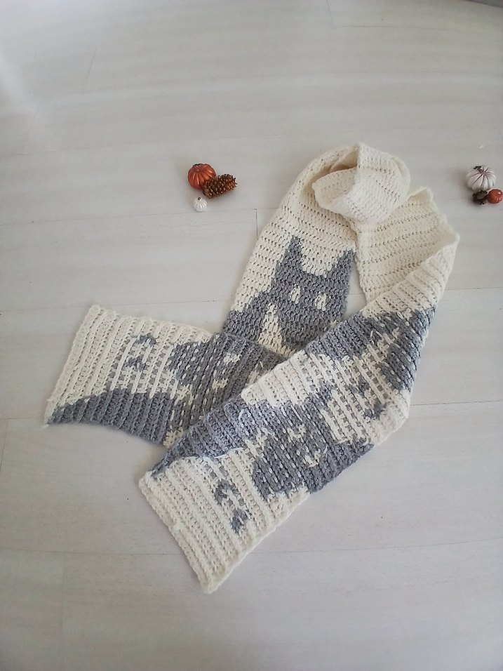 Kedi desen Kırık beyaz ve  Gri Örgü unisex atkı - Görsel 2