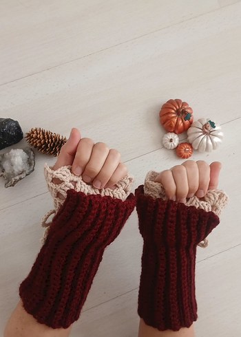 Bordo Dantel Detaylı Bohem Kadın Eldiveni - Görsel 3