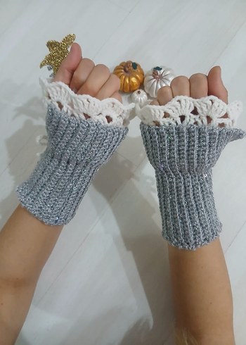 Pullu Gri Örgü Bohem Kadın Eldiveni - Görsel 2