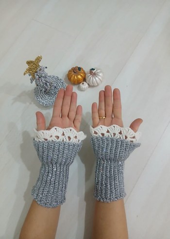 Pullu Gri Örgü Bohem Kadın Eldiveni - Görsel 4
