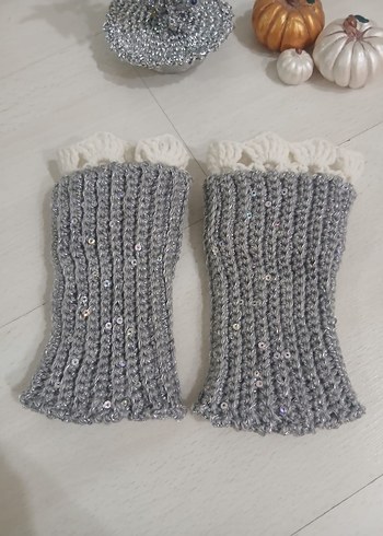 Pullu Gri Örgü Bohem Kadın Eldiveni - Görsel 5
