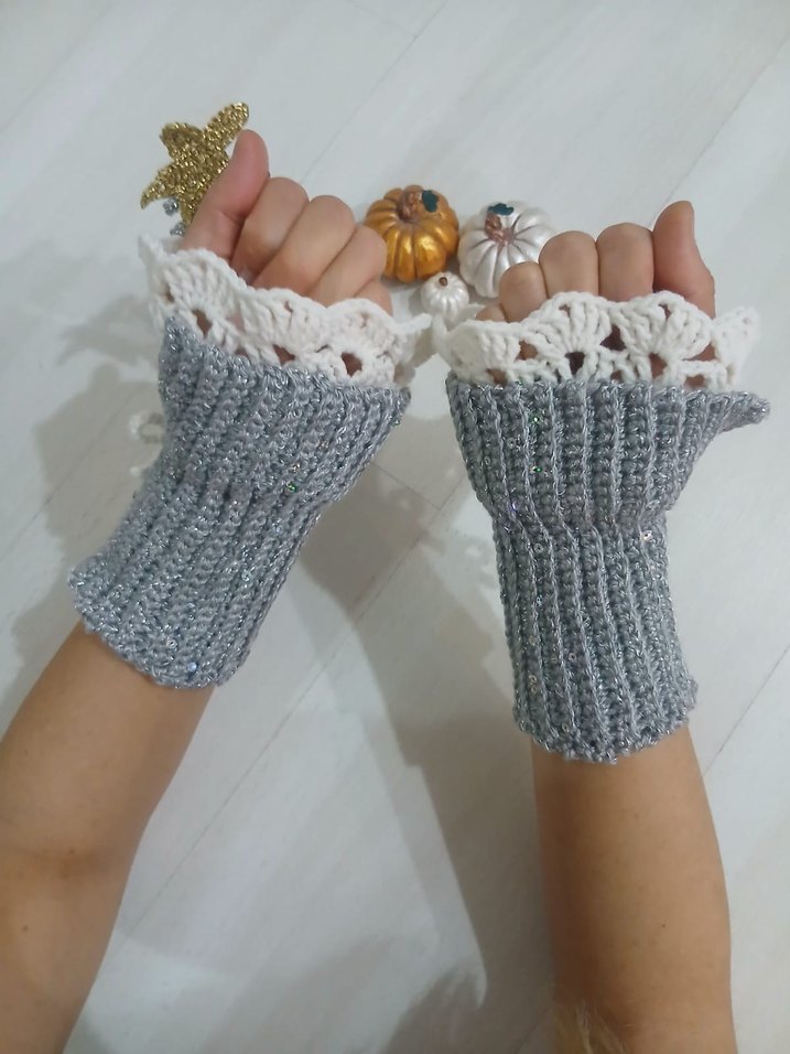 Pullu Gri  Örgü Bohem Kadın Eldiveni - Görsel 2