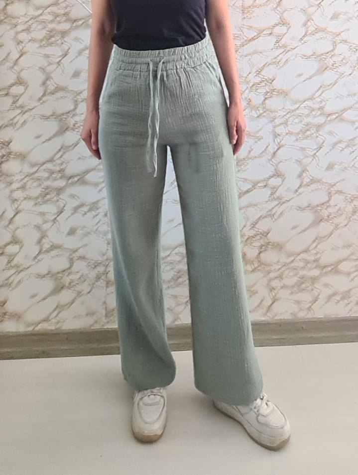 Bej Rahat Kesim muslin Keten Kadın Pantolon - Görsel 2