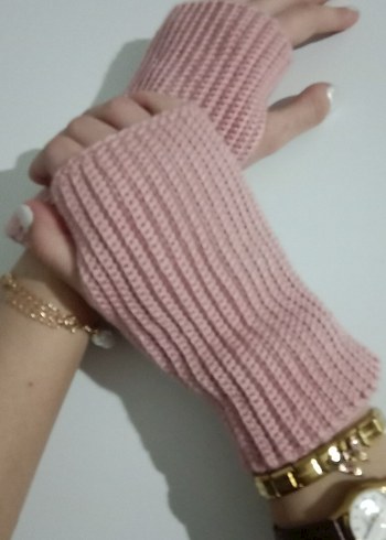 Pembe Örgü Parmaksız Kadın Eldiveni - Görsel 2