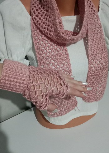 Pembe Örgü Kadın Eldiveni atkı set - Görsel 2
