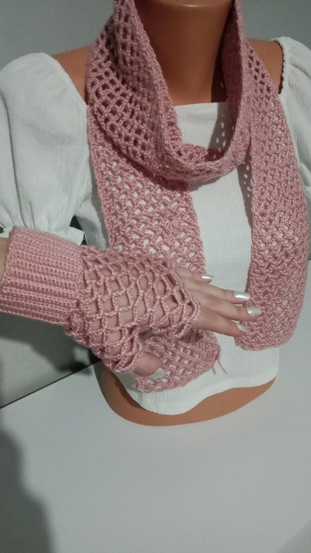Pembe Örgü Kadın Eldiveni atkı set - Görsel 2