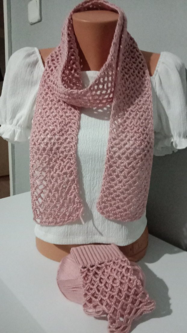 Pembe Örgü Kadın Eldiveni atkı set - Görsel 3