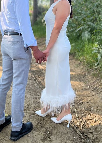 Zara Tüylü Midi Beyaz Bohem Düğün Elbisesi