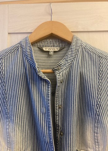 Düğmeli Çizgili Gri Kadın Denim Ceket - Görsel 2