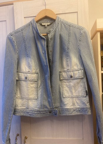 Düğmeli Çizgili Gri Kadın Denim Ceket - Görsel 3