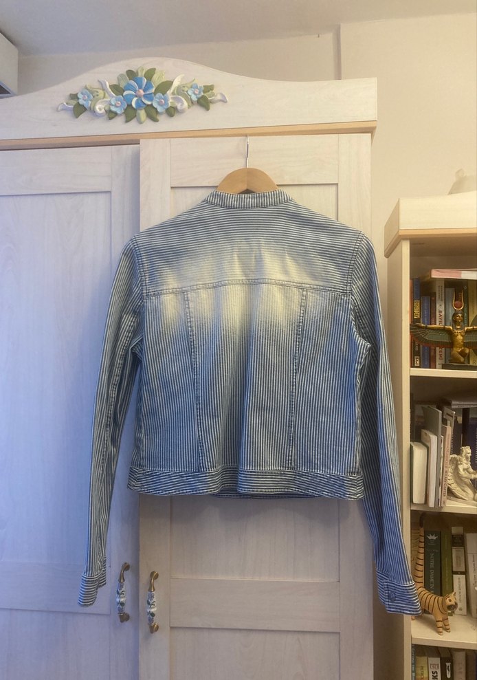 Düğmeli Çizgili Gri Kadın Denim Ceket - Görsel 4