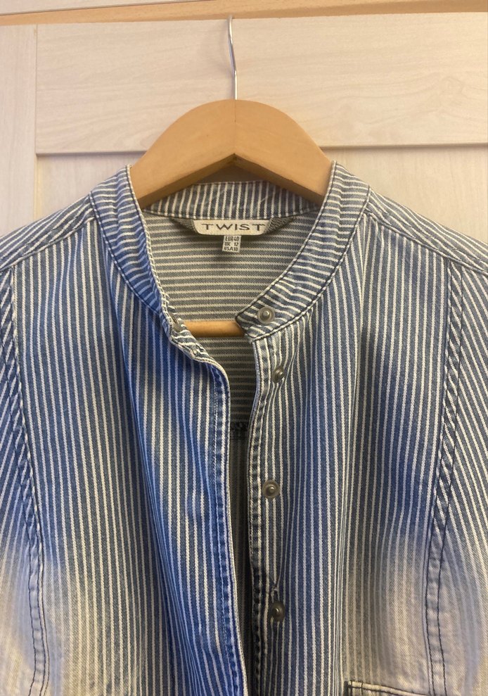 Düğmeli Çizgili Gri Kadın Denim Ceket - Görsel 2