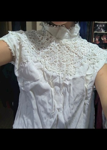 gotik goth vintage dantel Detaylı Beyaz Bohem Kadın Bluz - Görsel 4