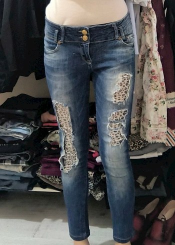 gyaru vintage y2k skinny Leopar Desenli Kadın Mavi Denim Jean - Görsel 5