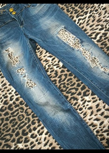 gyaru vintage y2k skinny Leopar Desenli Kadın Mavi Denim Jean - Görsel 2