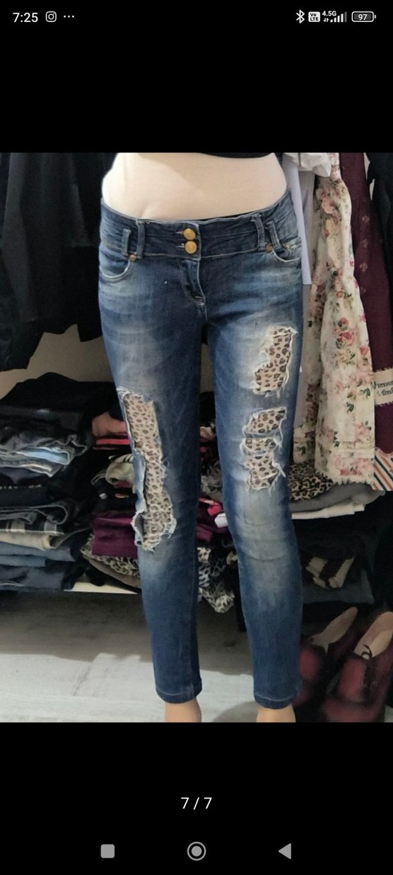 gyaru vintage y2k skinny Leopar Desenli Kadın Mavi Denim Jean - Görsel 5
