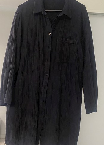 Düğmeli Siyah müslün kumaş Midi Gömlek - Görsel 5