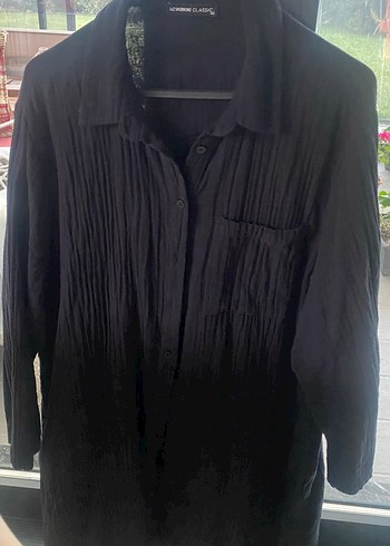 Düğmeli Siyah müslün kumaş Midi Gömlek - Görsel 3