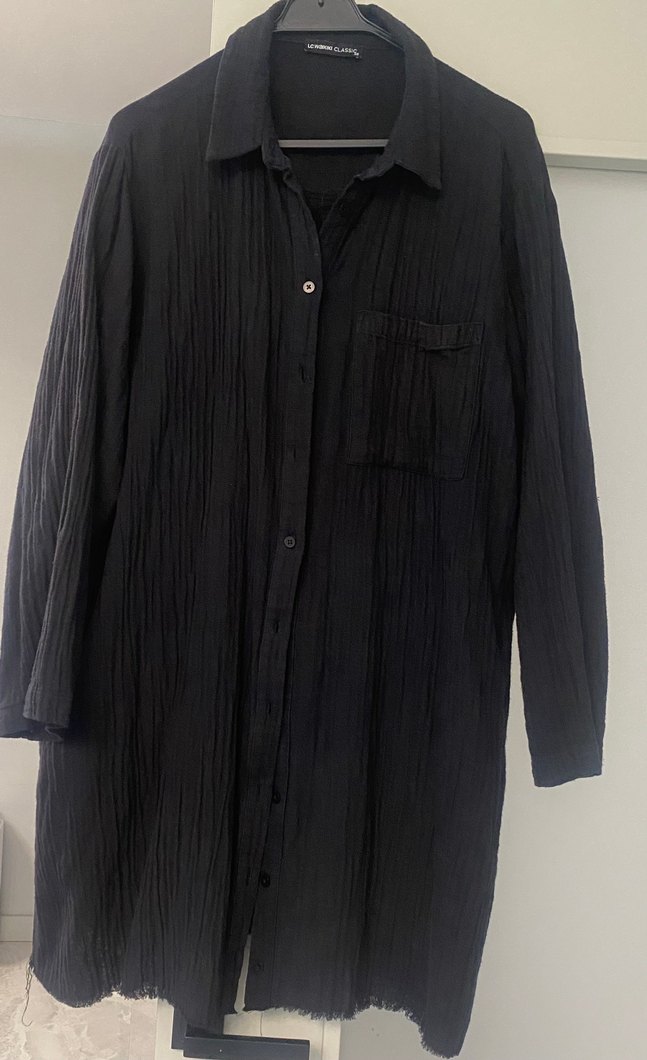 Düğmeli Siyah müslün kumaş Midi Gömlek - Görsel 5