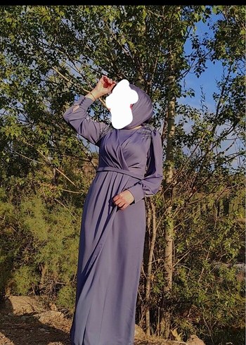 lila Uzun Kollu Drapeli Kadın abiye - Görsel 3