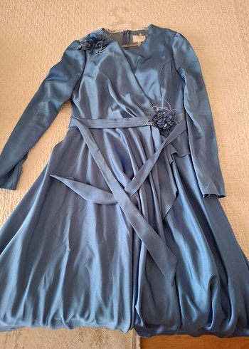 Drapeli Uzun Mavi Kadın Abiye Elbise - Görsel 2