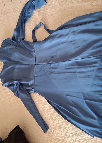 Drapeli Uzun Mavi Kadın Abiye Elbise - Görsel 3