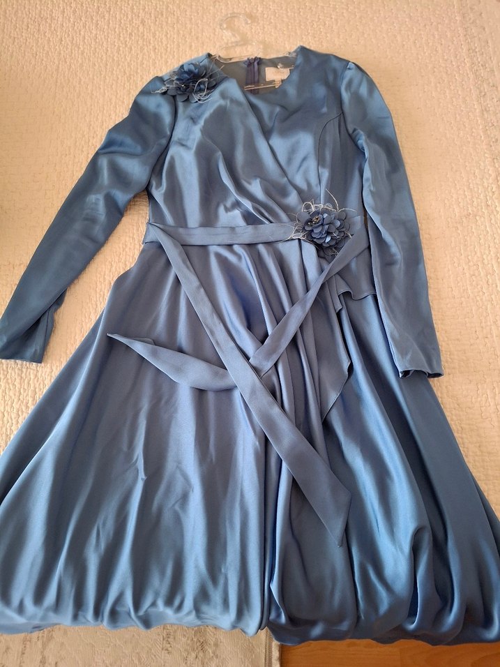 Drapeli Uzun Mavi Kadın Abiye Elbise - Görsel 2