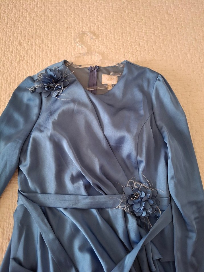 Drapeli Uzun Mavi Kadın Abiye Elbise - Görsel 4