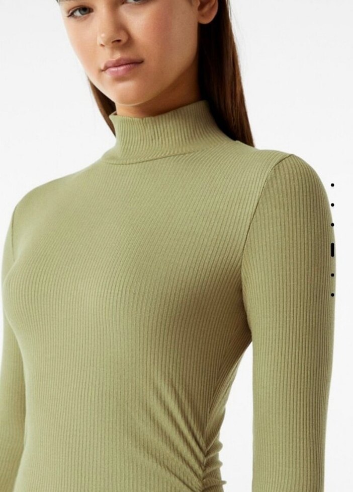 Bershka Drapeli Uzun Kol Yüksek Yakalı Haki Elbise - Görsel 2