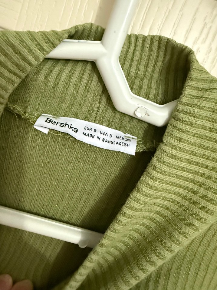 Bershka Drapeli Uzun Kol Yüksek Yakalı Haki Elbise - Görsel 4