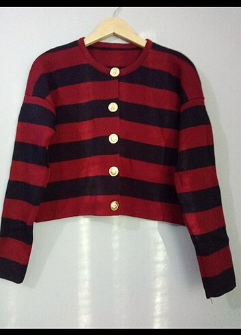 Lacivert şeritli gold düğmeli hırka - Görsel 6