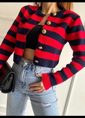 Lacivert şeritli gold düğmeli hırka - Görsel 8