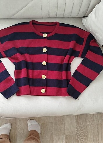 Lacivert şeritli gold düğmeli hırka - Görsel 12