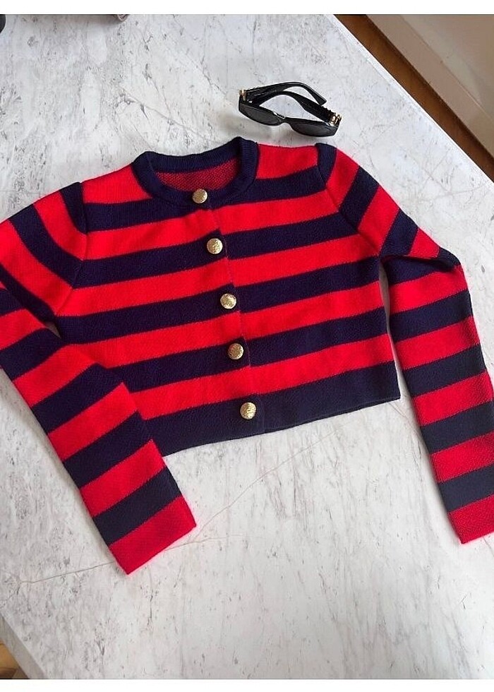 Lacivert şeritli gold düğmeli hırka - Görsel 2