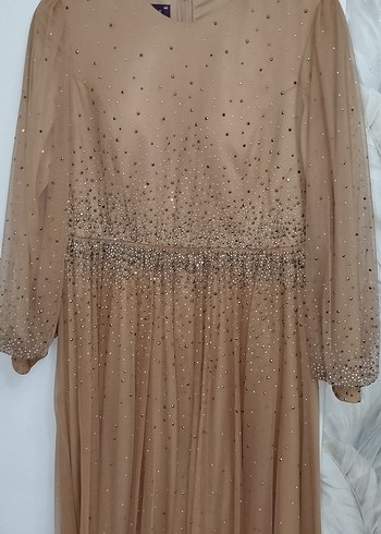 Bej Drapeli Uzun Kollu Uzun Abiye - Görsel 6