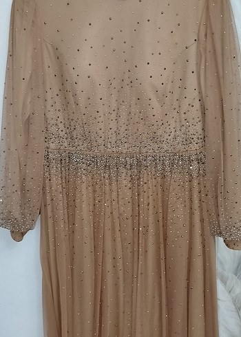 Bej Drapeli Uzun Kollu Uzun Abiye - Görsel 8