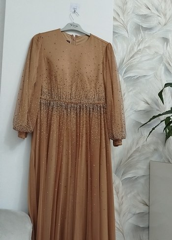 Bej Drapeli Uzun Kollu Uzun Abiye - Görsel 5