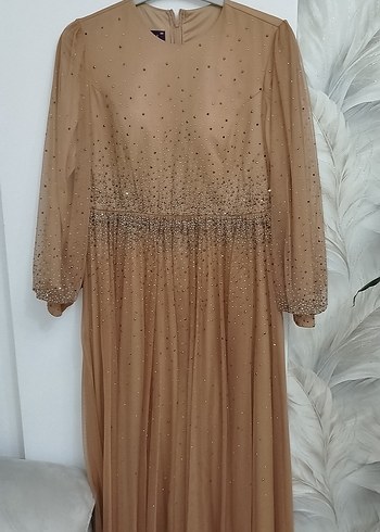 Bej Drapeli Uzun Kollu Uzun Abiye - Görsel 7